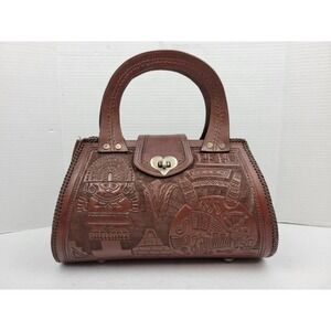 Vintage Hand Tooled Peru Lima Aztec Mayan Handbag Purse Hieroglyphics Embossed‎